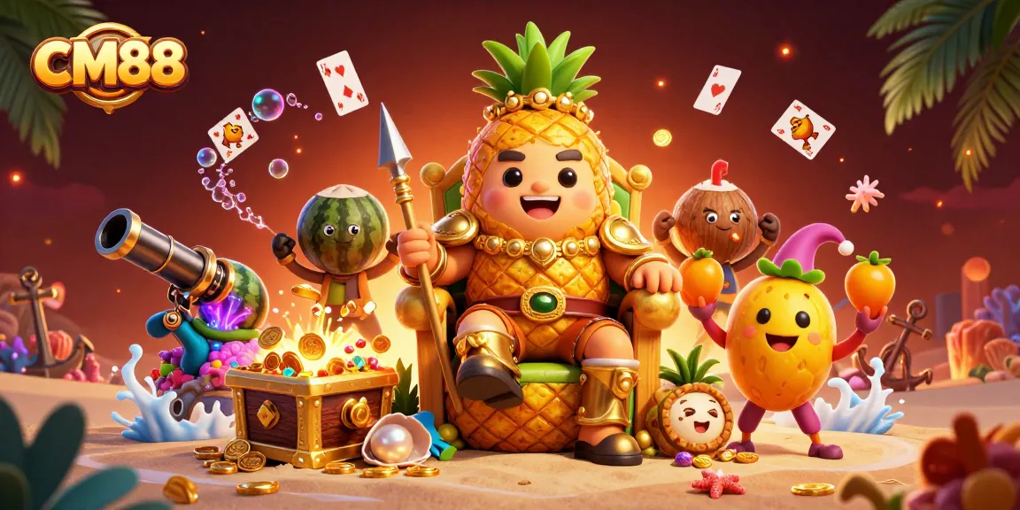 Experience vibrant CM88 gaming with a golden pineapple king and his playful companions amidst underwater treasures.