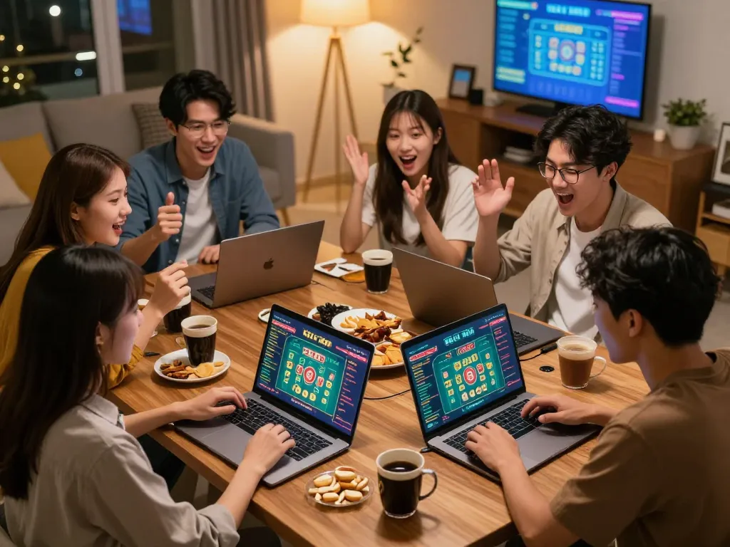 Friends playing tài xỉu online together at home, showcasing excitement and strategy.