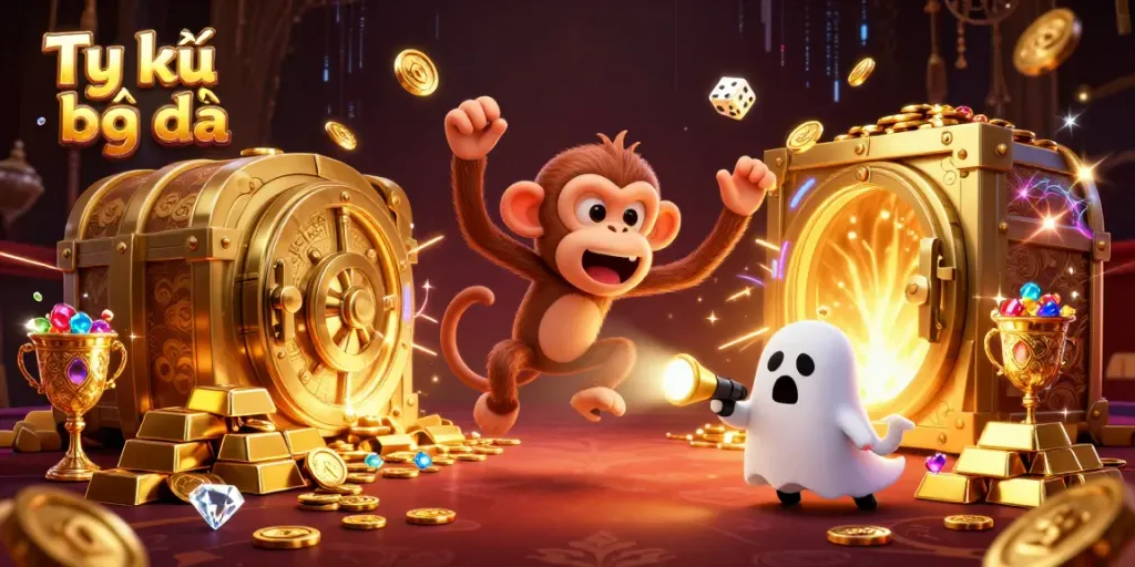 Discover Tỷ lệ bóng đá in a vibrant gambling scene with a poltergeist monkey juggling golden items.