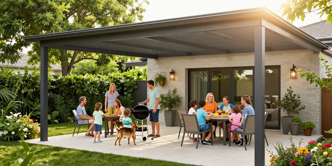Moderne Terrassenüberdachungen mit Familie und Garten in voller Blüte.