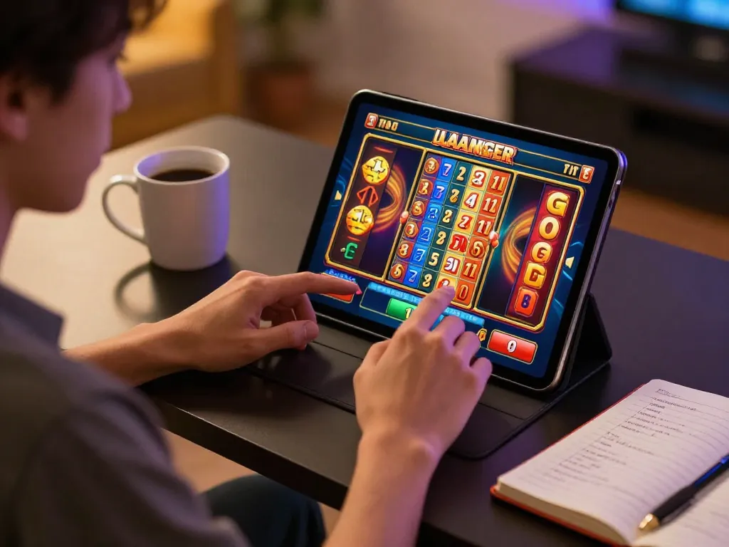 Engaging gameplay experience of playing slot luar negeri on tablet with cozy home atmosphere.