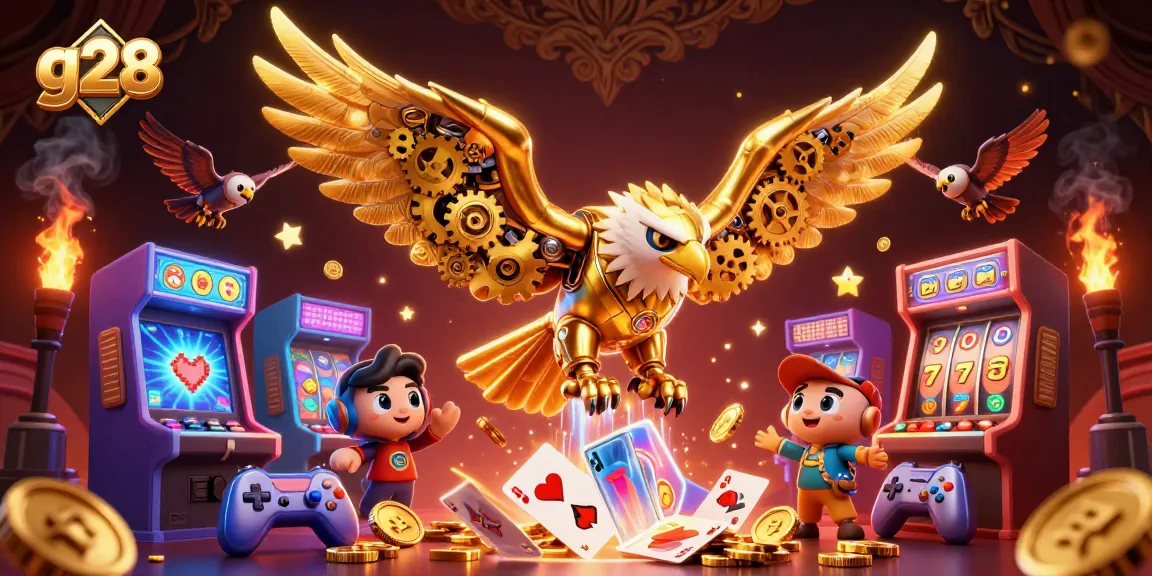 Play g28 slots and experience thrilling wins with a cartoon golden eagle in a vibrant casino scene.