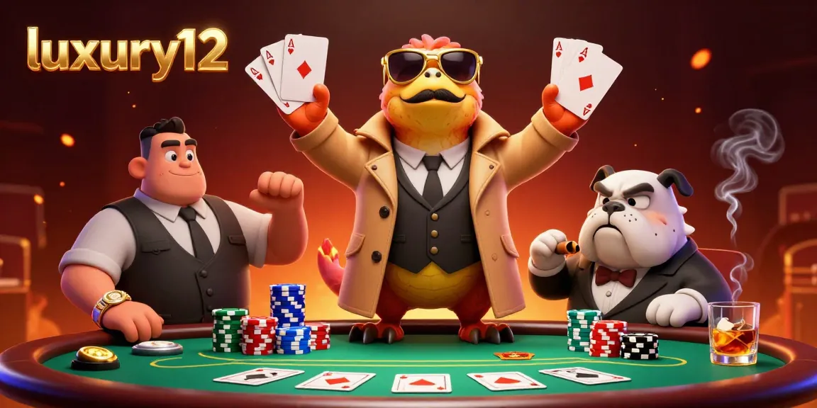 Experience luxury12 gameplay with raptors in a trench coat at a vibrant VIP casino lounge.
