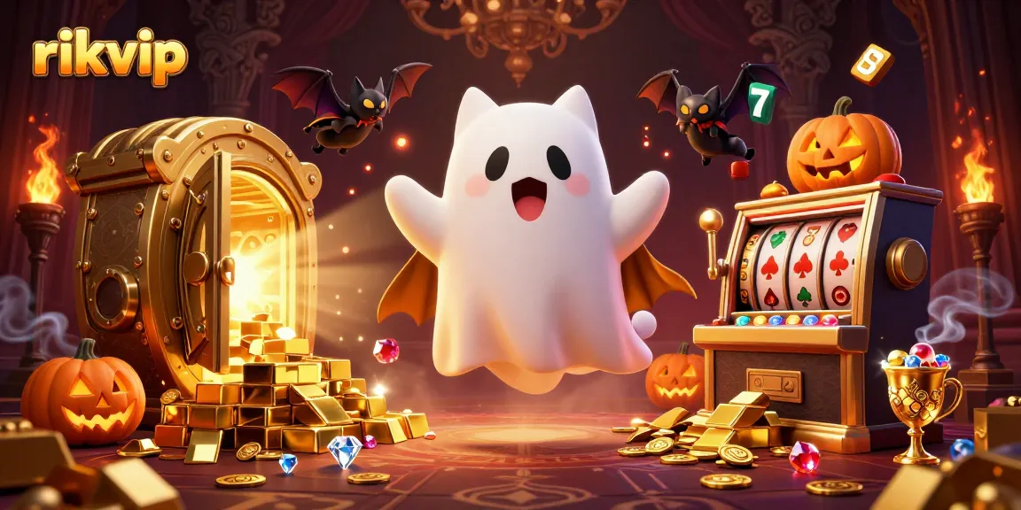 Engage with rikvip's thrilling casino experience, as a ghost cat and bat adventure through a treasure-filled, haunted casino scene.