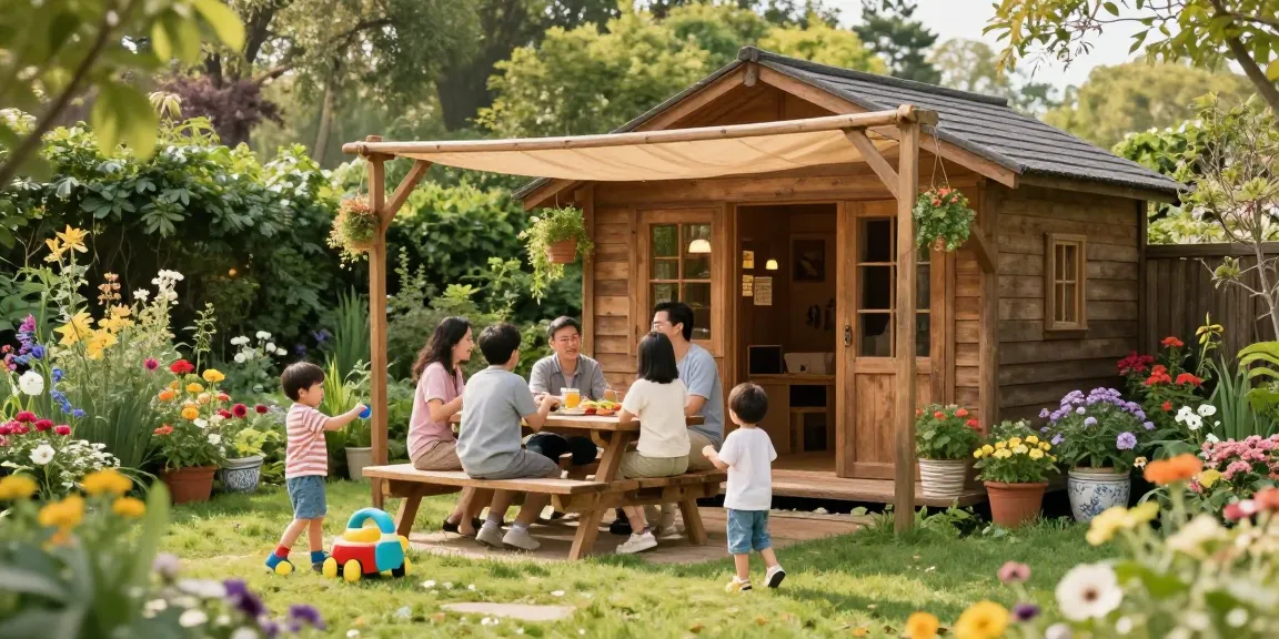 Attraktives Gartenhaus umgeben von blühenden Pflanzen, Familie genießt einen Tag im Garten.
