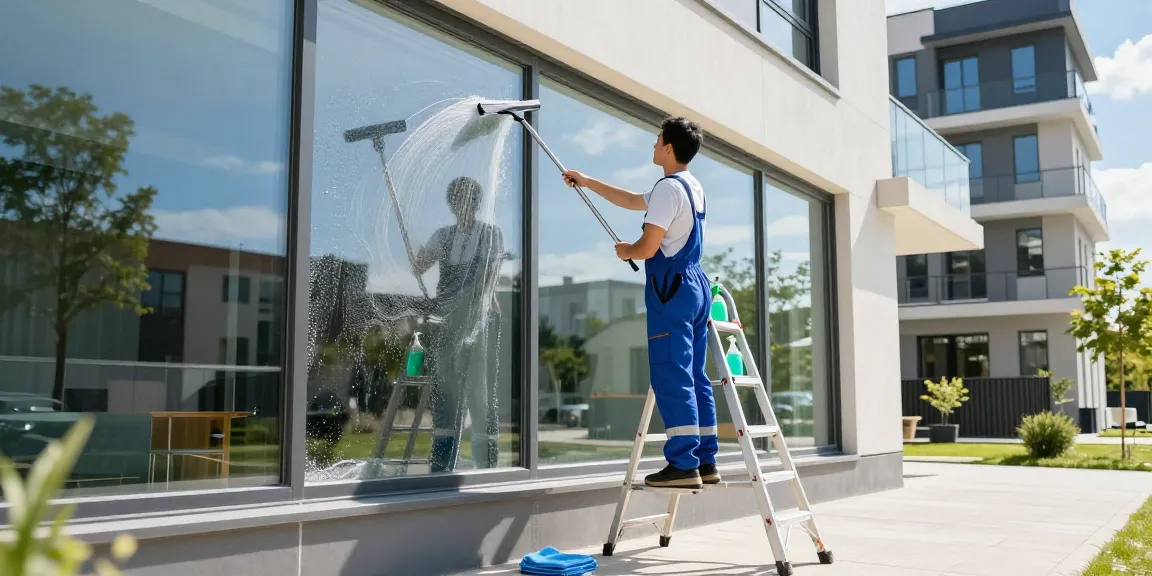 Professionelle Glasreinigung in Dortmund, ein Reinigungsteam säubert große Fenster mit umweltfreundlichen Mitteln.