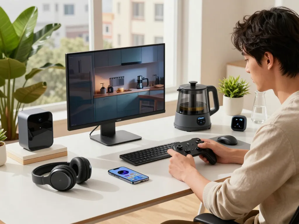 Discover unique tech gadgets at a modern workspace featuring Bluetooth controllers and innovative kitchen tools.