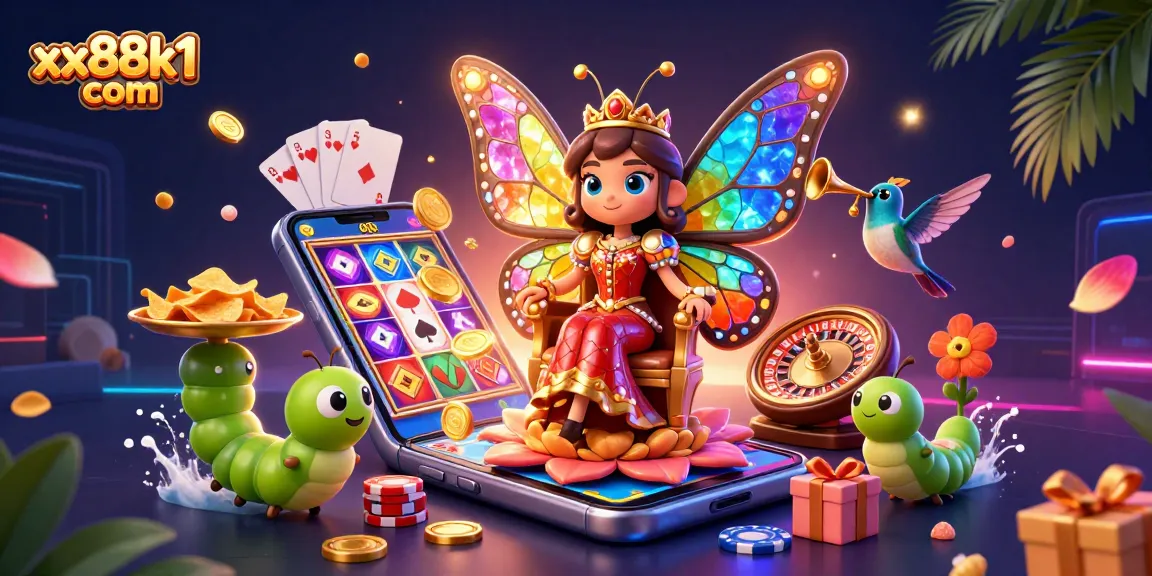 Experience gaming excitement with the vibrant xx88k1 com illustration of slots and casino elements.