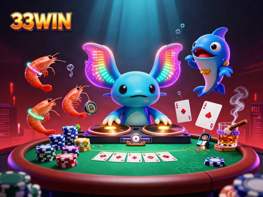 Join the vibrant 33WIN scene with a neon-colored axolotl DJ and poker elements creating excitement.