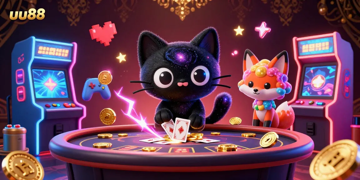 Engage in thrilling gameplay at uu88, featuring a cosmic casino with vibrant game elements and an enchanting black hole cat.