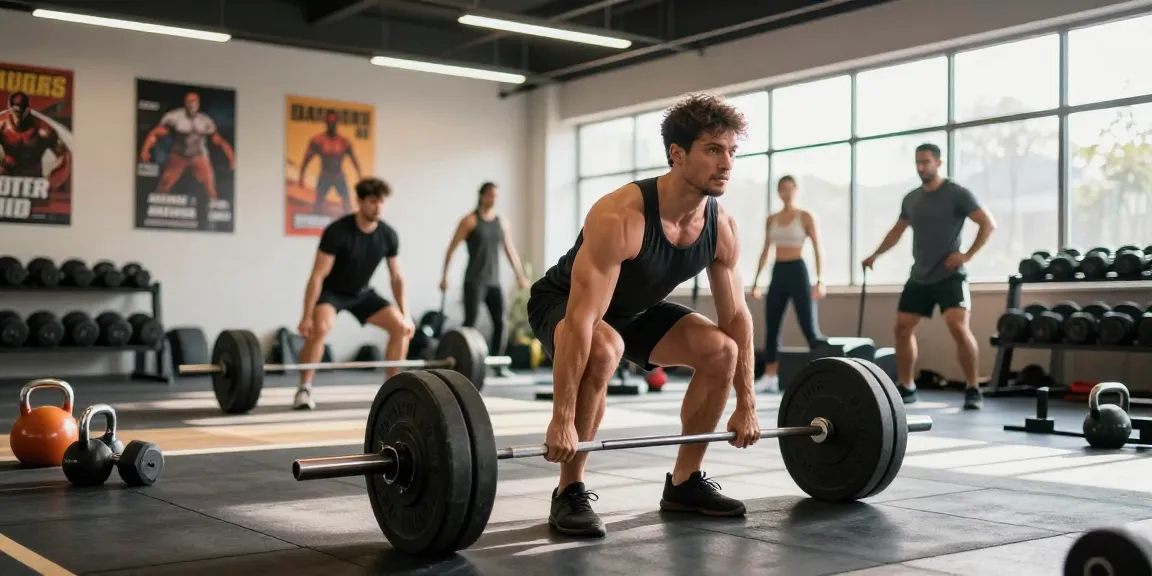 Entrenador en Esteroidesshop levantando pesas en un gimnasio moderno.