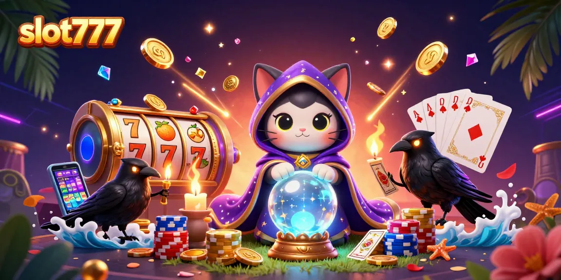 Experience thrilling gameplay with slot777 in this dynamic scene of a mystic cat and a raven amidst cascading coins and vibrant slots.
