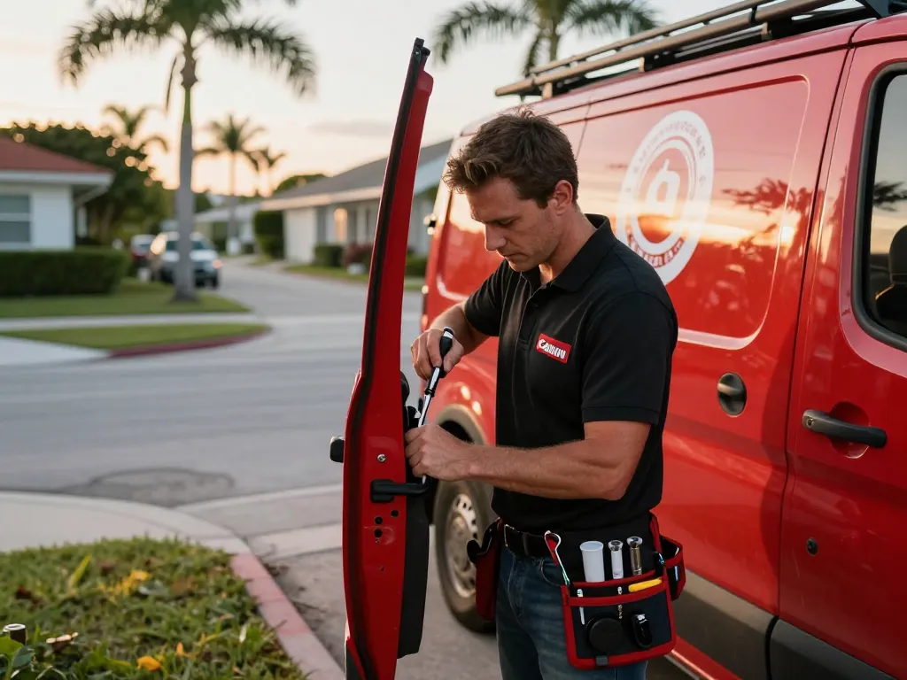 Mobile locksmith Palm City expert working on a car lock in a sunny neighborhood.
