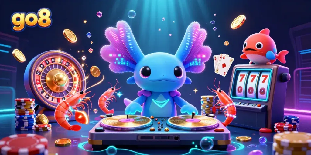 Bring the excitement of go8 to life with a vibrant underwater casino scene featuring a DJ axolotl and dynamic game elements.