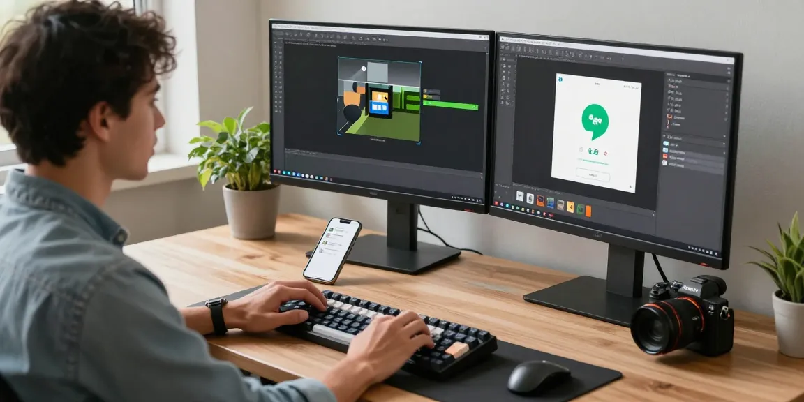 Developer using Snipaste on dual monitors in a bright workspace focused on efficient screenshot annotations and software productivity.