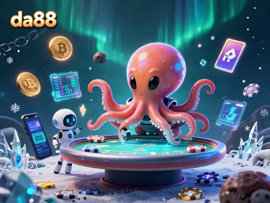Experience thrilling gameplay at da88 with an energetic alien octopus at a holographic poker table.