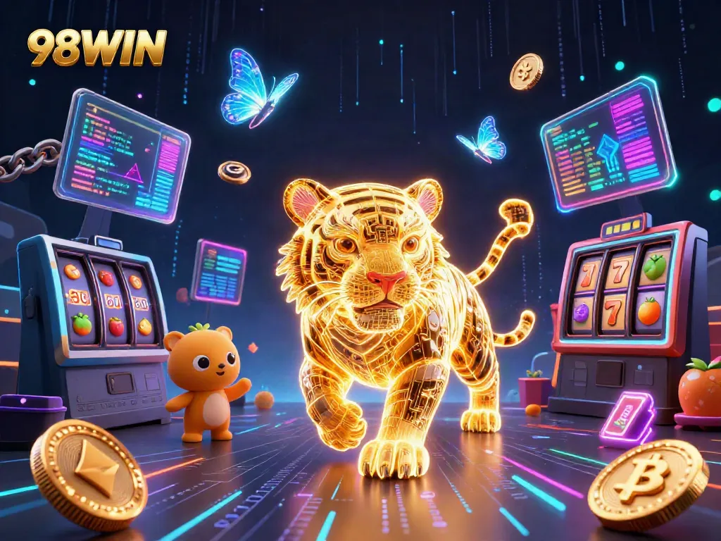 Experience thrilling wins with 98WIN's vibrant digital casino showcasing dynamic games and crypto elements.