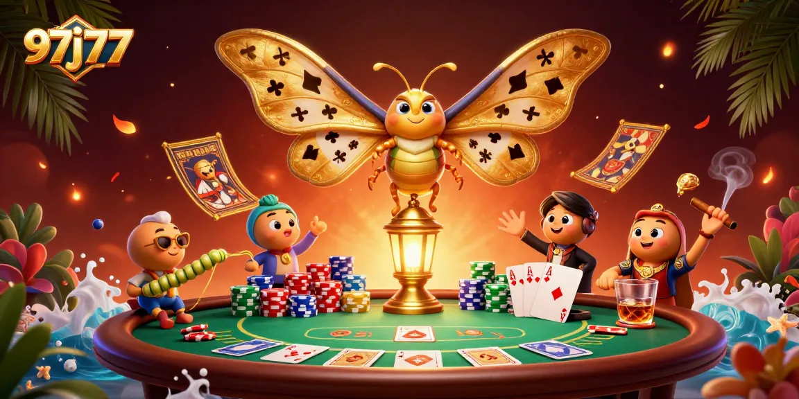 Engage with the vibrant 97j777 casino scene featuring a majestic moth and poker elements.