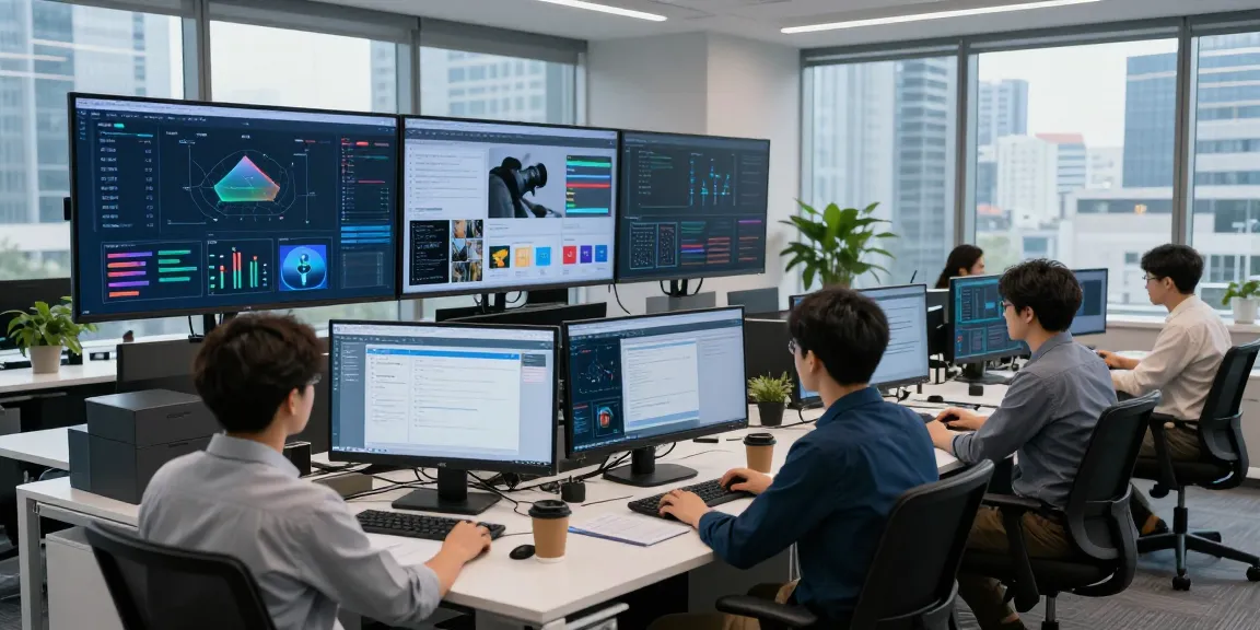 AI detector specialists analyzing content moderation data in a high-tech workspace.