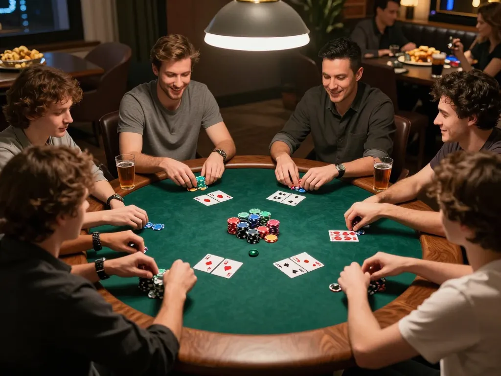 NAGA2000 players enjoying a home poker night with snacks, colorful chips, and lively interactions.