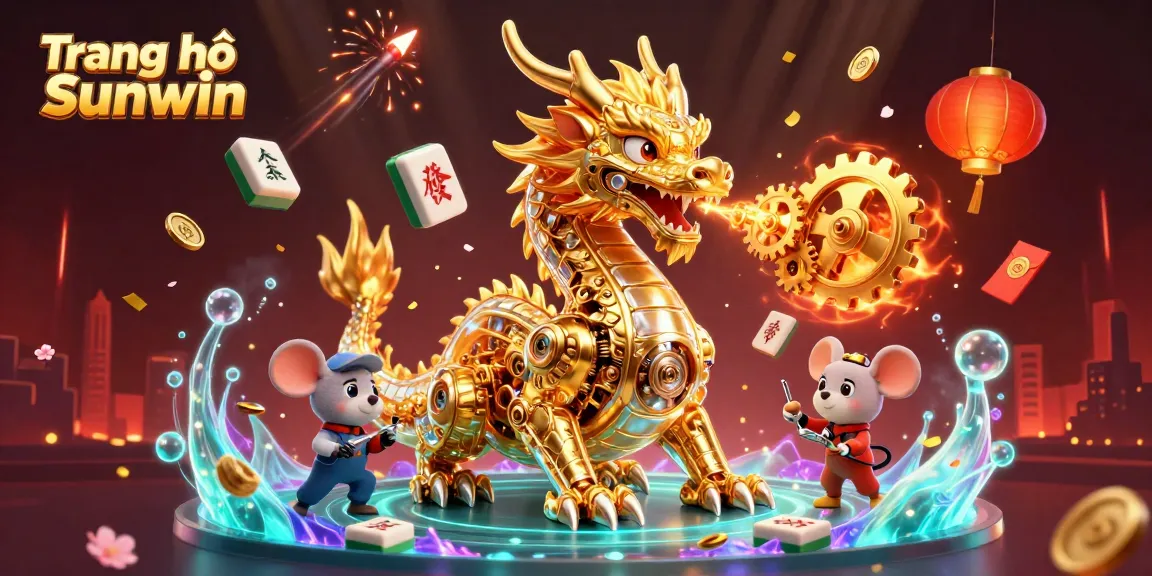 Engage with the vibrant scene at Trang chủ Sunwin showcasing a dazzling dragon and festive casino elements.
