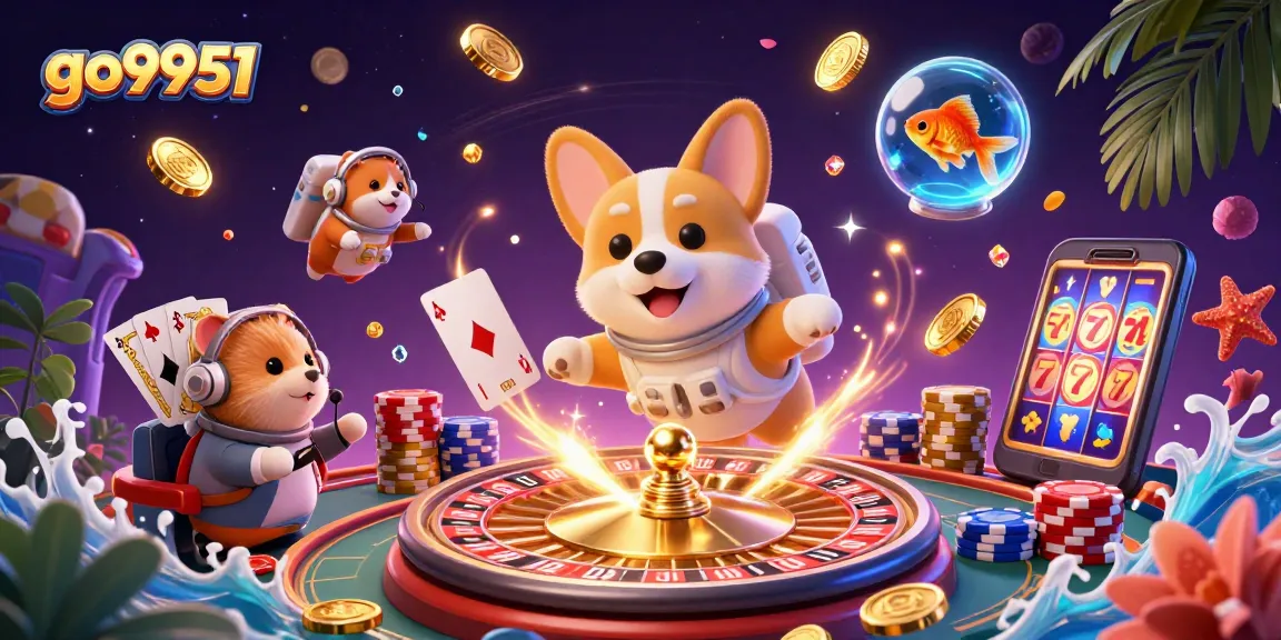 Experience the excitement of go9951 with a floating corgi explorer in a vibrant casino scene.