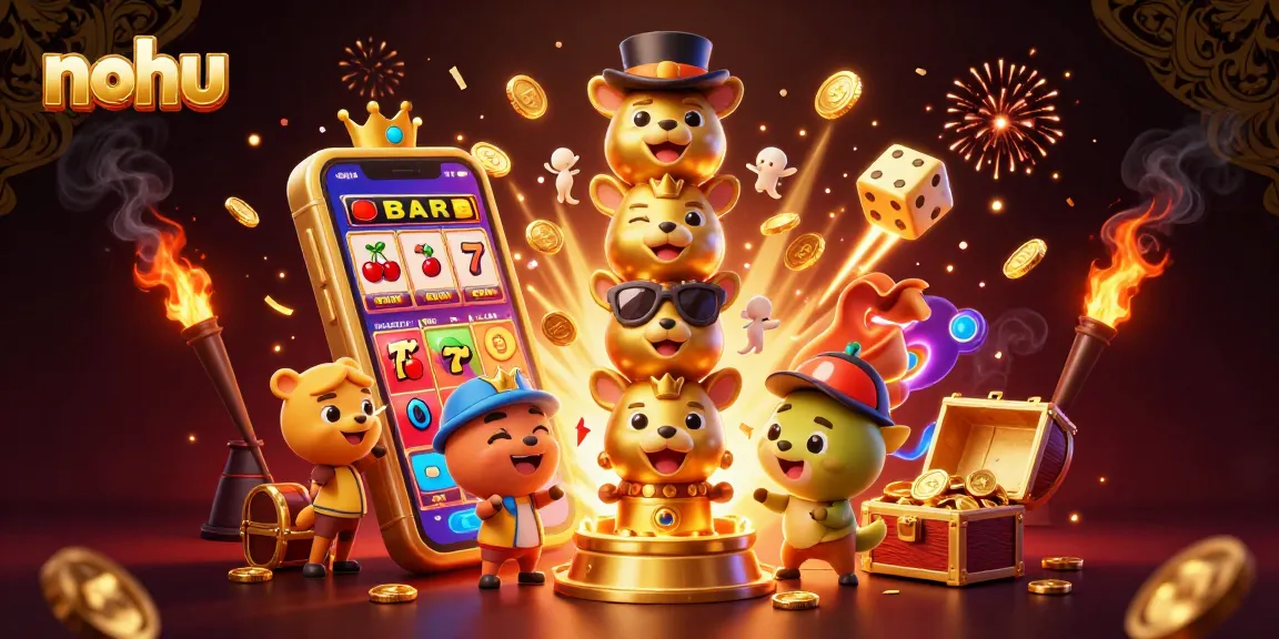 Nohu's thrilling slot experience awaits with a 3D totem pole surrounded by jackpot symbols and glowing treasures.