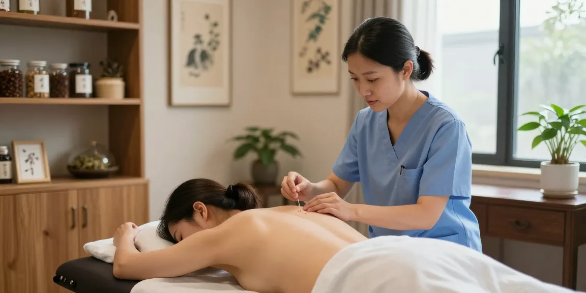 Patient receiving acupuncture treatment at 수원한의원, showcasing holistic healing environment with calming decor and natural light.