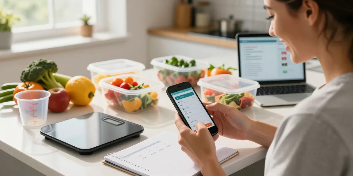 Using the best calorie tracker app to log meals with fresh ingredients in a bright kitchen.