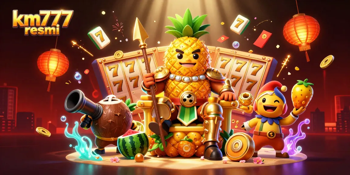 Engage with km777 resmi's vibrant casino atmosphere featuring lively characters and thrilling slot elements.
