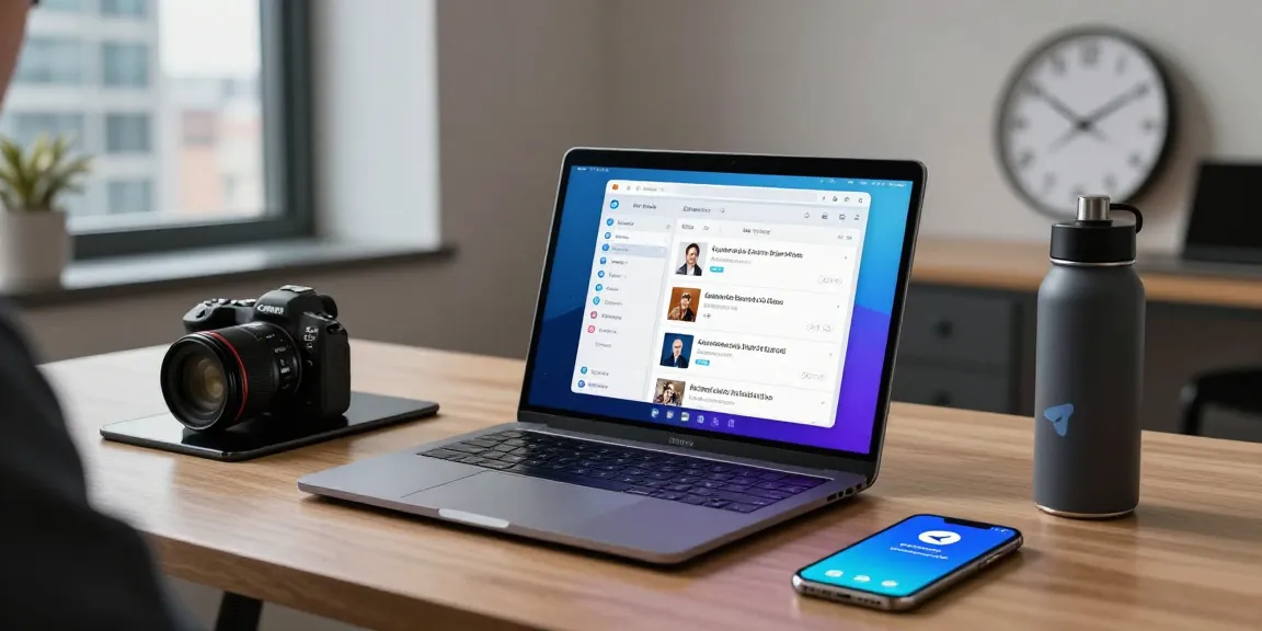 Engaging with telegramin-cn.com on a modern workstation with vibrant chat display and city view.