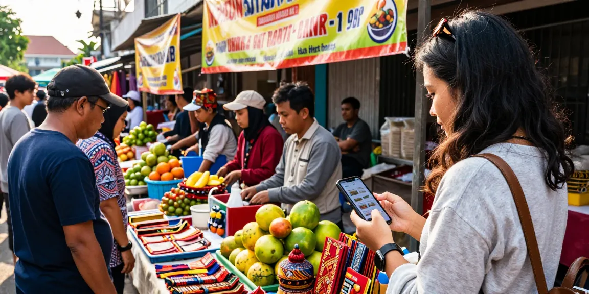 Pasar luar ruangan di Indonesia dengan aktivitas Leci123, orang-orang berbelanja, dan menjual kerajinan tangan.