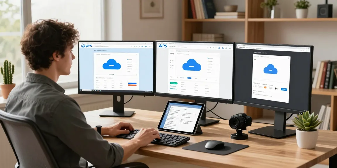 Dynamic workspace showcasing the WPS Official Website on multiple monitors, emphasizing modern productivity tools.