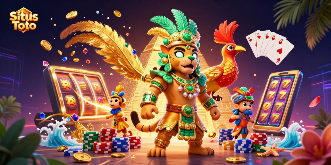 Situs Toto showcases vibrant jackpot actions with dynamic slot reels and 3D characters in lively casino scene