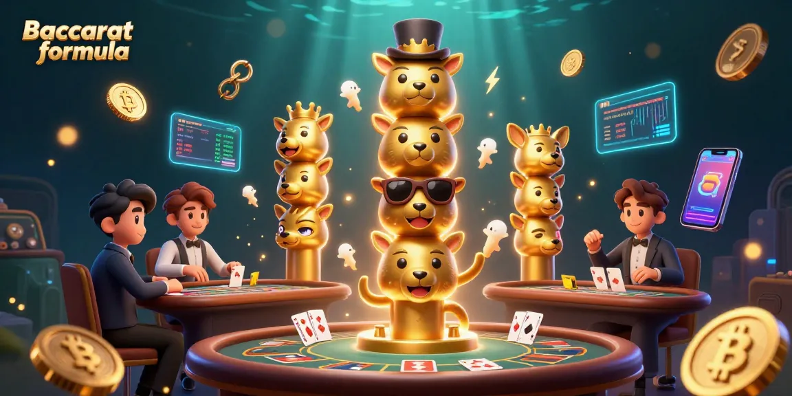 Baccarat formula showcasing a lively casino scene with a golden totem and playing cards for engaging gameplay.