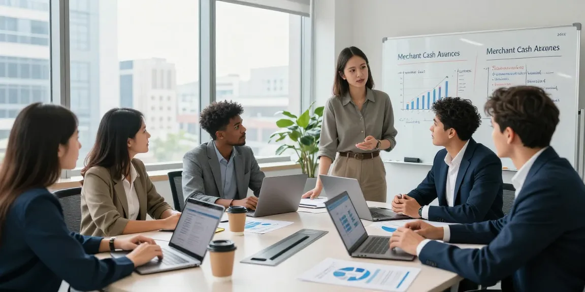 Professionals discussing merchant cash advance UK options in a modern office environment.