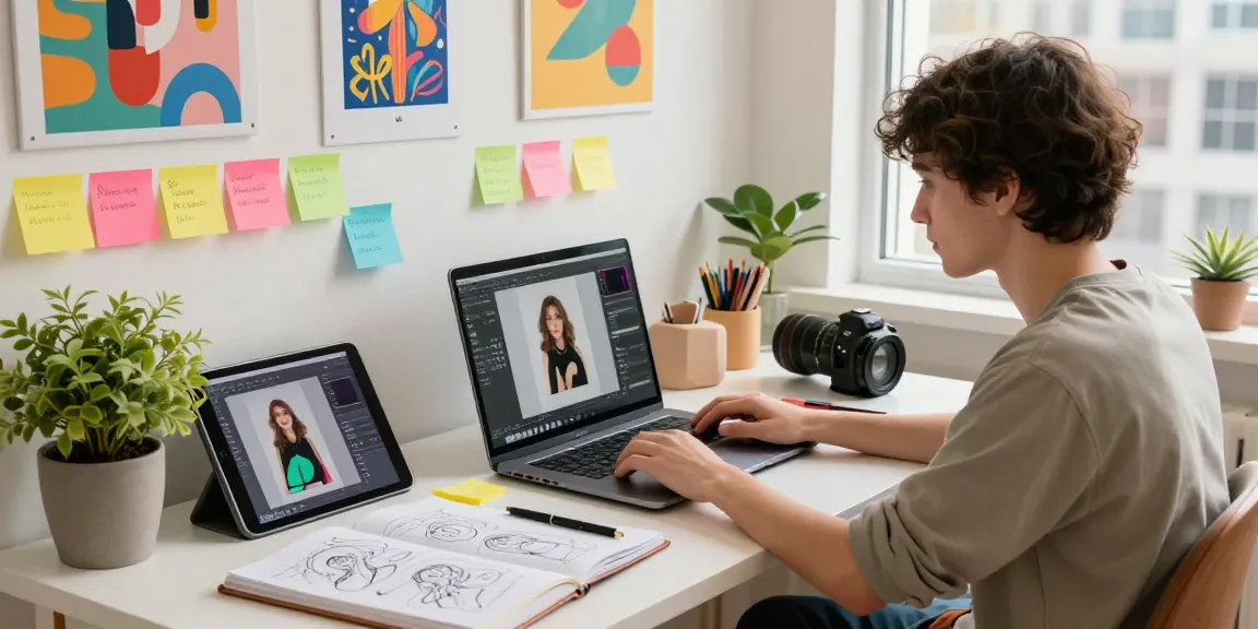 Designer using the Nano Banana AI Image Editor in a colorful digital workspace.