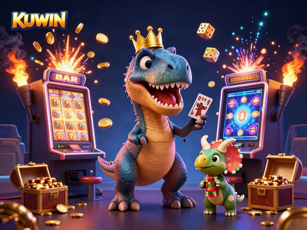 Experience a thrilling scene with KUWIN's dynamic casino games featuring T-Rex and friends celebrating wins alongside slot machines.