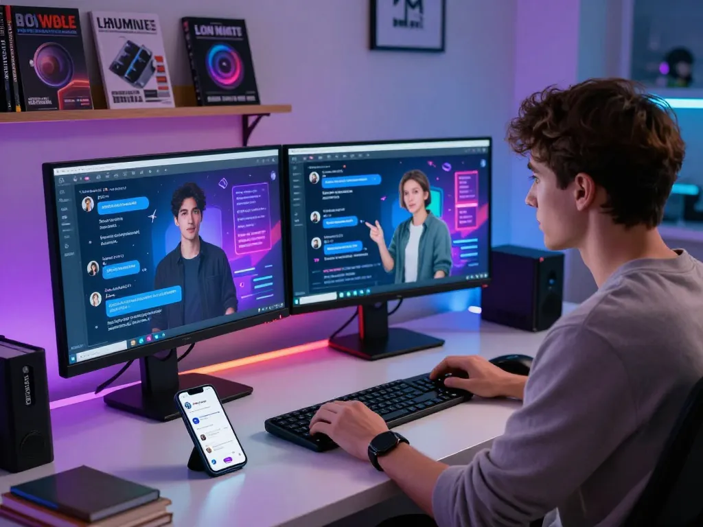 Engaging with a nsfw chat bot in a modern tech workspace featuring dual monitors and vibrant user interface elements.