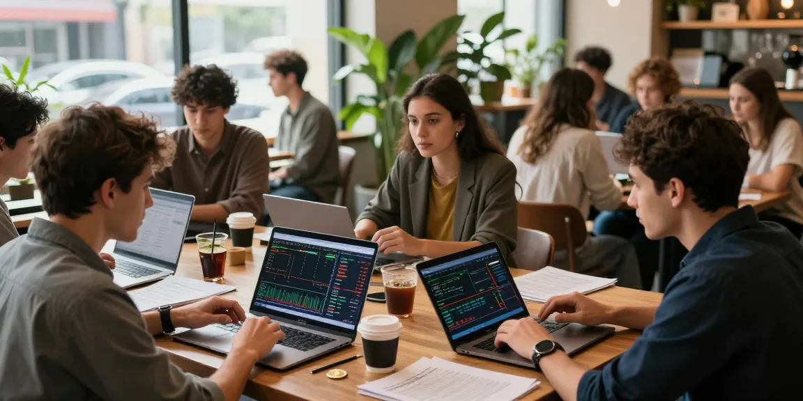 Funexchange platform displayed on a laptop amidst a collaborative coffee shop, symbolizing innovative engagement in cryptocurrency trading.