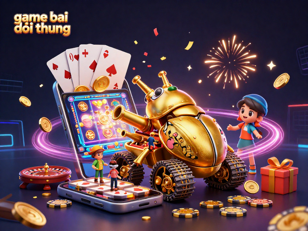 Play "game bai doi thuong" with thrilling visuals, including colorful slots and casino elements.