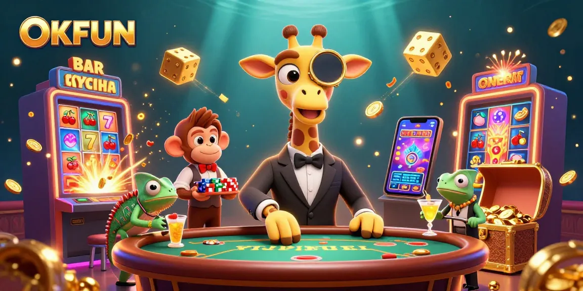 Experience thrilling gaming at OKFUN with a high-roller giraffe and dynamic casino elements.