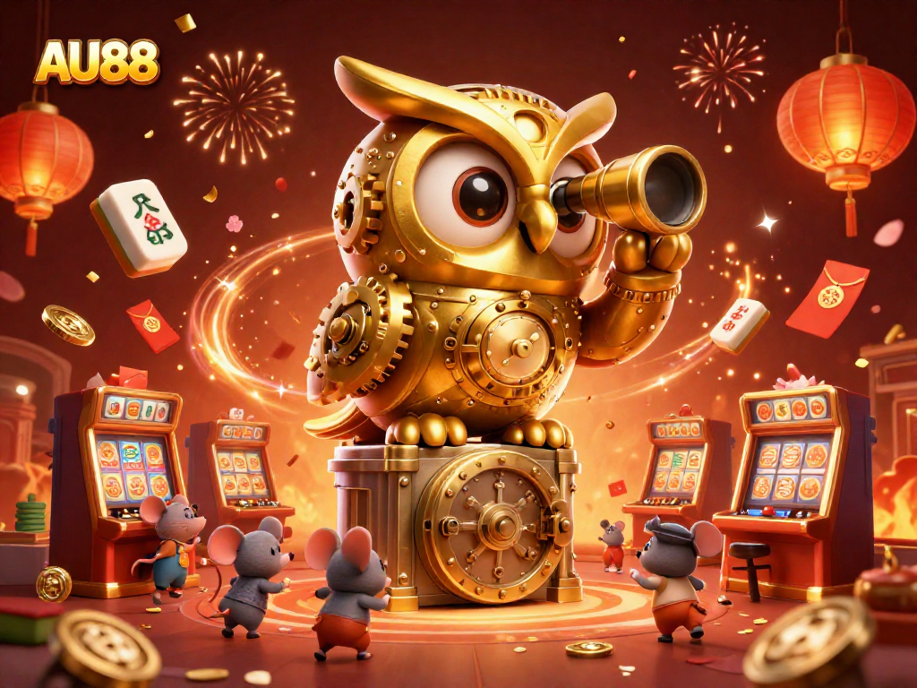 Experience the vibrant action at AU88's casino with a whimsical clockwork owl and playful mice.