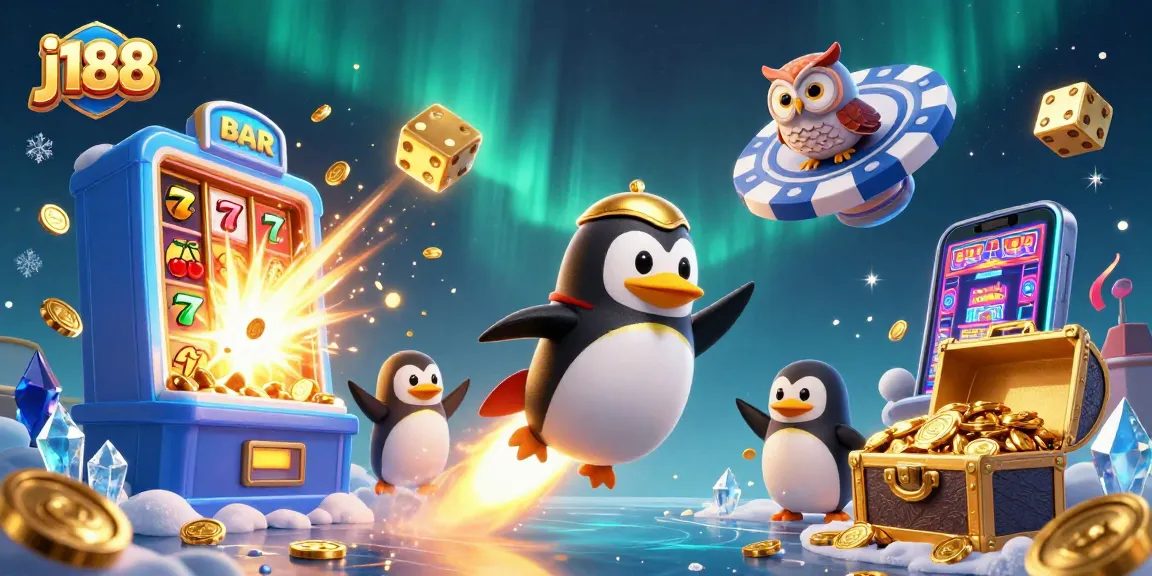 Experience the thrill of j188 with the golden penguin launching towards casino riches amid colorful gaming elements.
