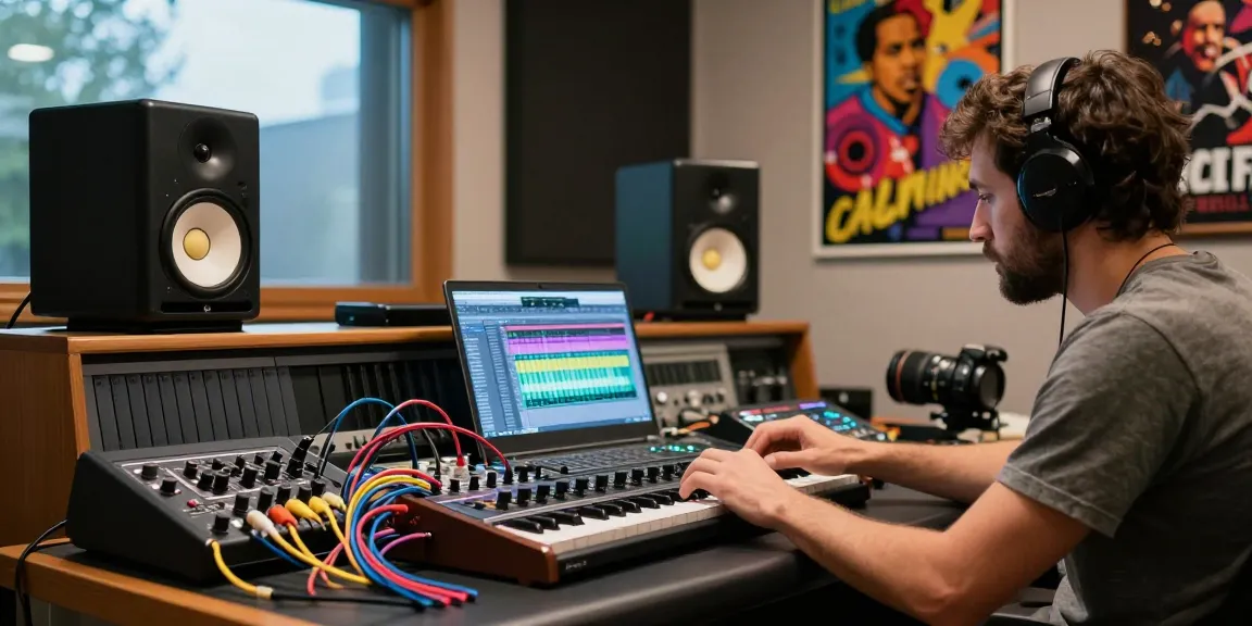 Sound engineer fine-tuning settings on SC88 sound module in modern studio