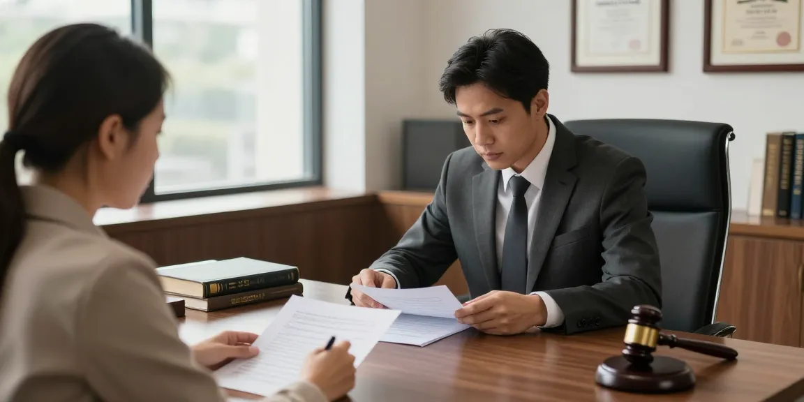 Professional legal consultation scene showing lawyers are speaking with clients in an office.