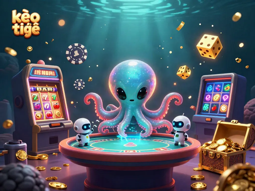 Experience the excitement of kèo trực tuyến with our vibrant alien octopus poker scene and colorful casino elements.