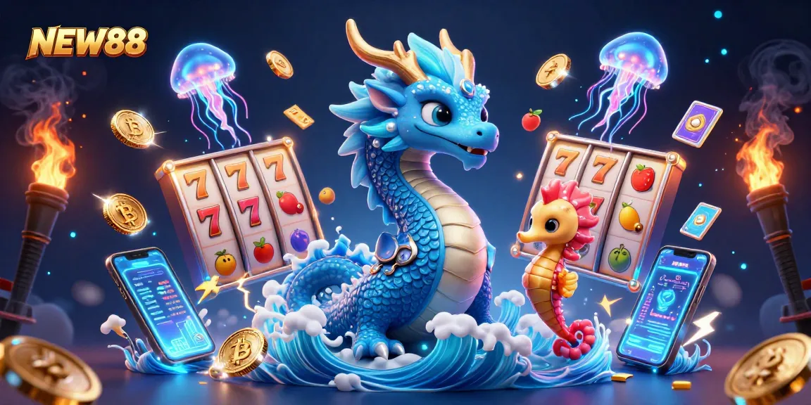 Experience thrilling gaming at NEW88 with a vibrant illustration depicting casino excitement.