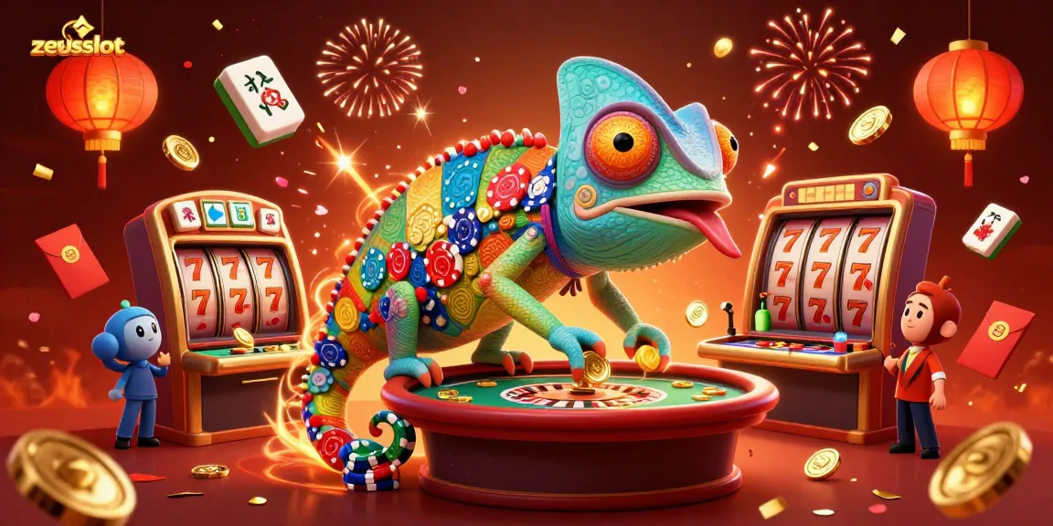 Experience zeusslot excitement with a chameleon casino owner surrounded by dynamic game elements.