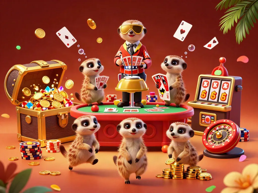 Engage with 88clb's vibrant casino scene featuring meerkats as pit boss and dealers in action.